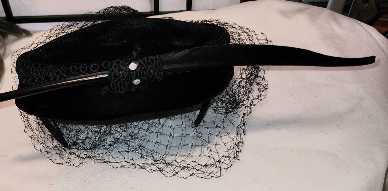 Vintage Feather Hat 1950s Round Black Velvet Cocktail Hat Long Black Feather Rhinestones Mid Century Rockabilly AS IS