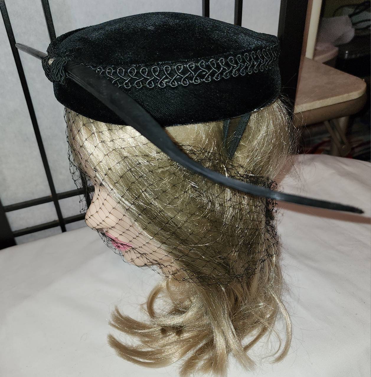 Vintage Feather Hat 1950s Round Black Velvet Cocktail Hat Long Black Feather Rhinestones Mid Century Rockabilly AS IS