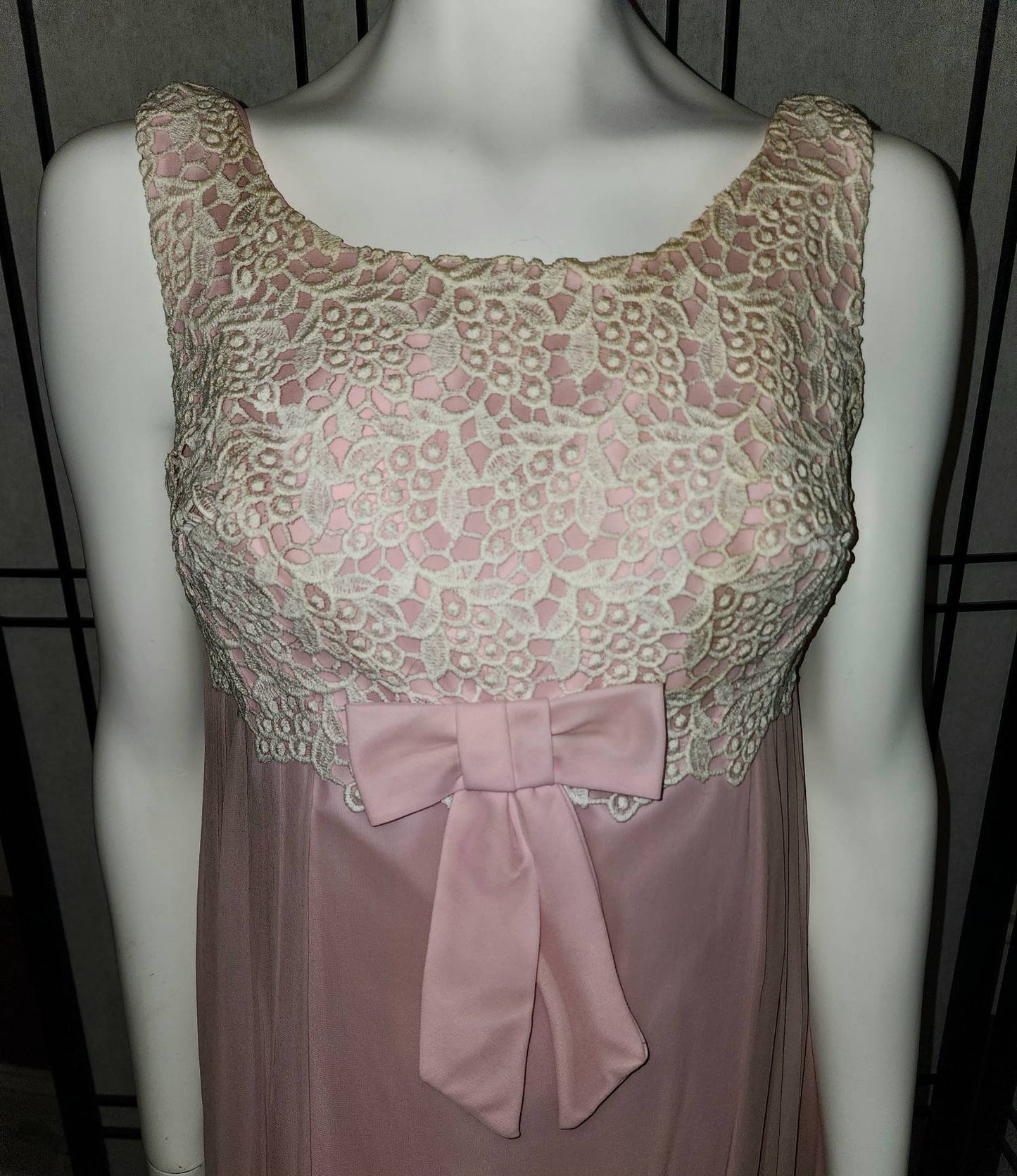 Unworn Vintage Gown 1960s Long Light Pink Chiffon Cream Cutwork Lace Empire Waist Long Dress NWT Princess S M