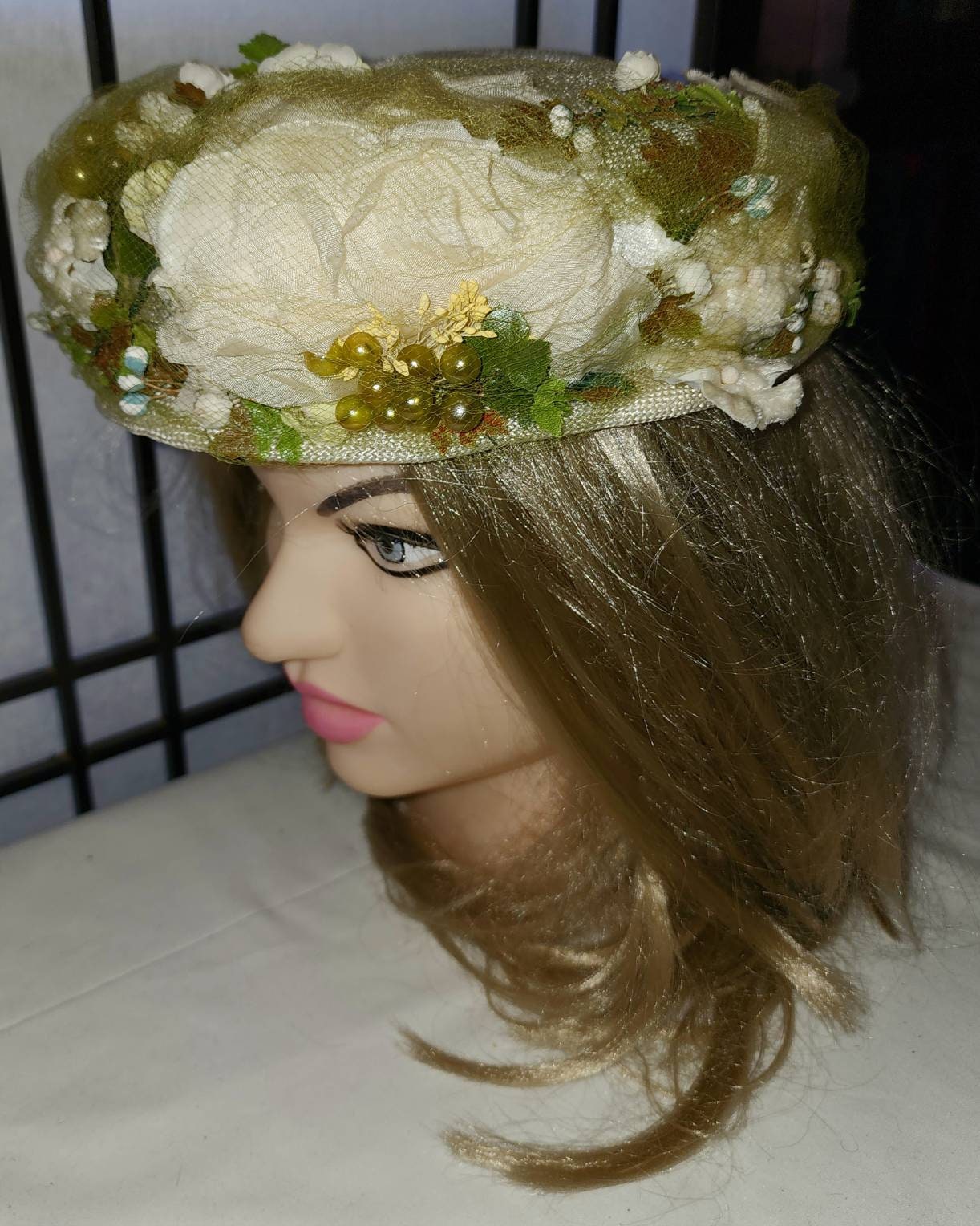 Vintage Floral Hat 1950s 60s Large Round Yellow Green Cream Floral Net Hat Round Bubble Ornaments Mid Century Garden Party 20 in.