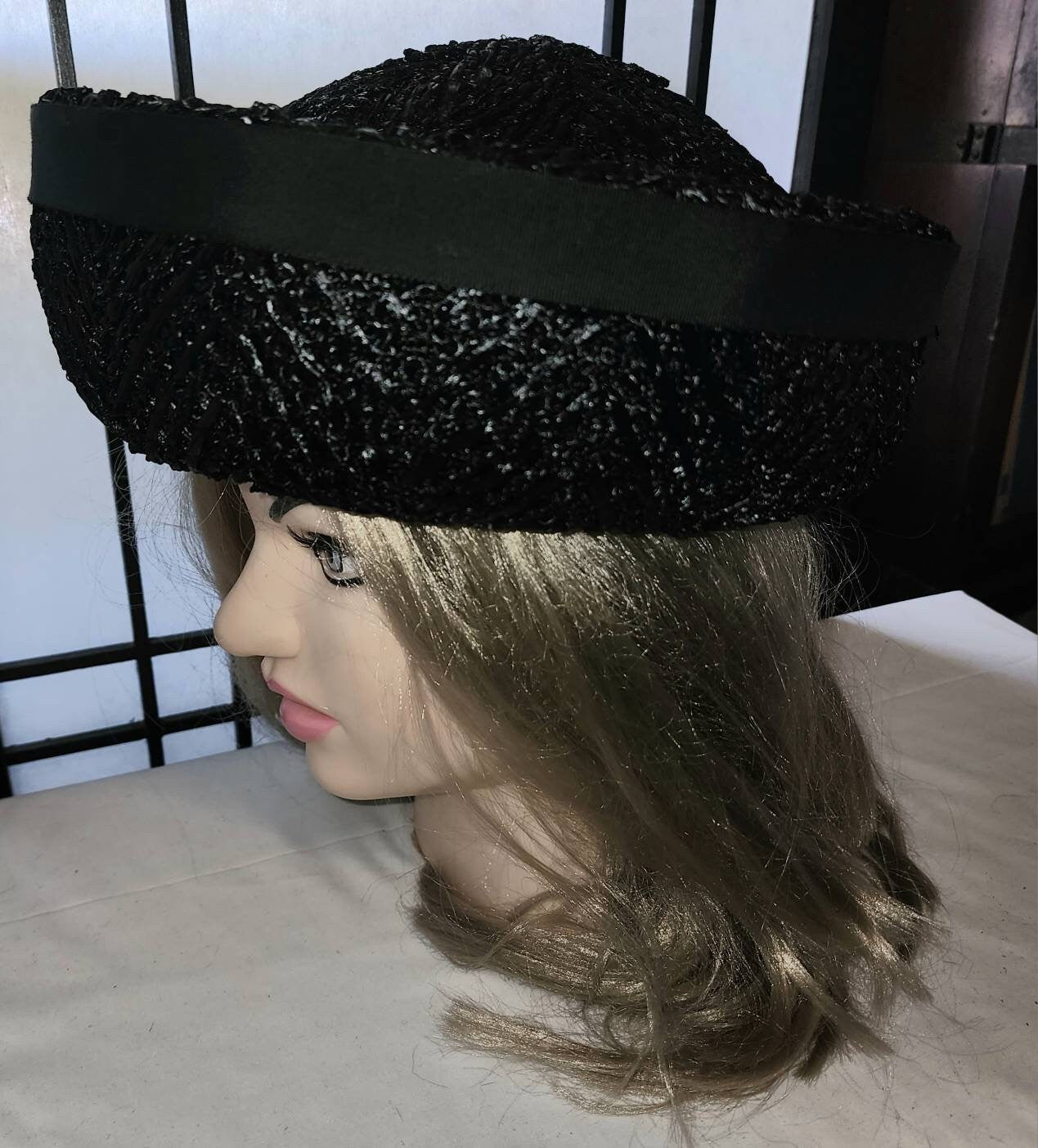 Vintage Straw Hat Huge 1960s Round Black Straw Sailor Style Hat Black Ribbon Bow Sharon Originals Mid Century Summer Hat 21 in.