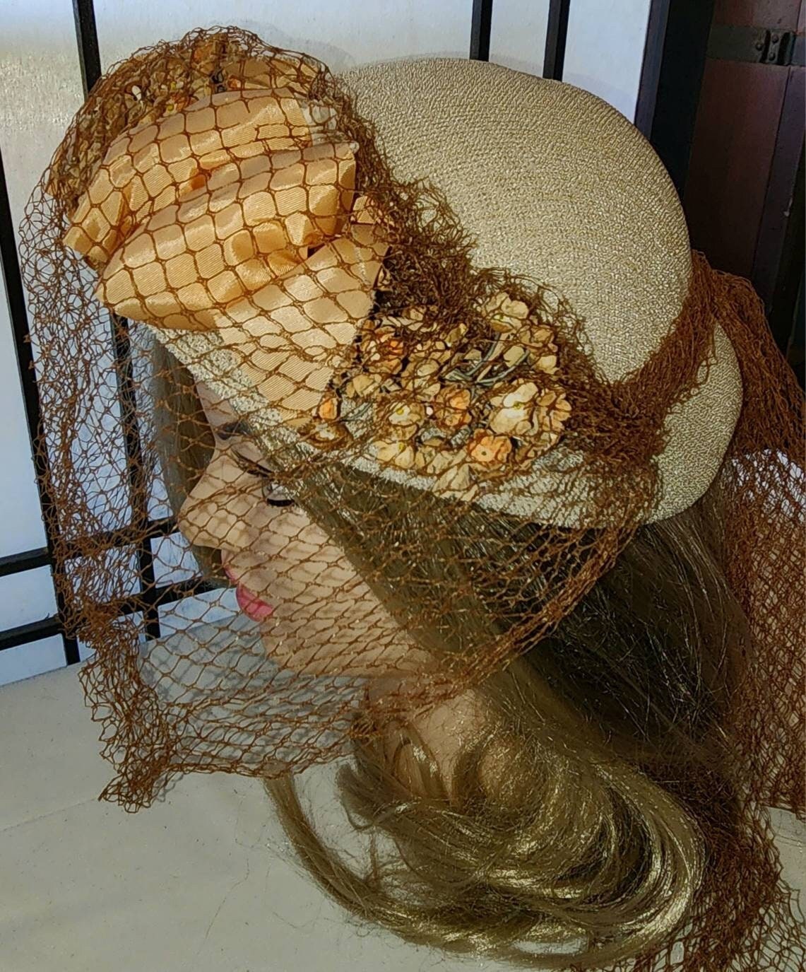 Vintage 1930s 40s Hat Round Cream Straw Hat Orange and Brown Flowers Ribbons Large Brown Veil Art Deco Country 21 in.