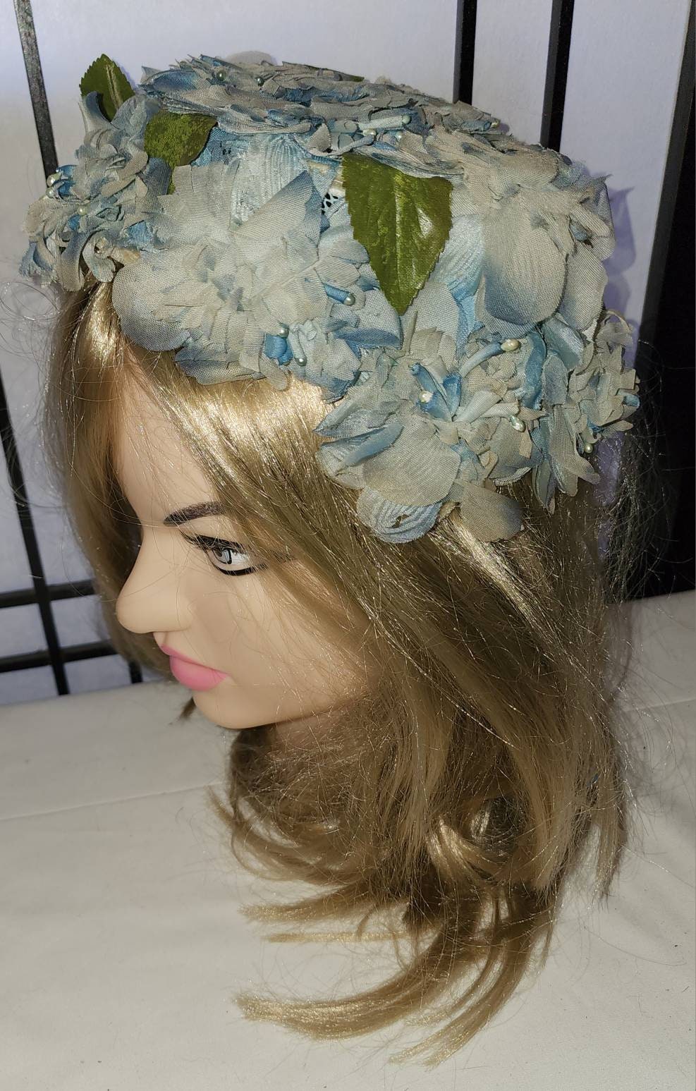 Vintage Floral Hat 1950s Light Blue Floral Large Half Hat Clamp Hat Rockabilly Mid Century Garden Party