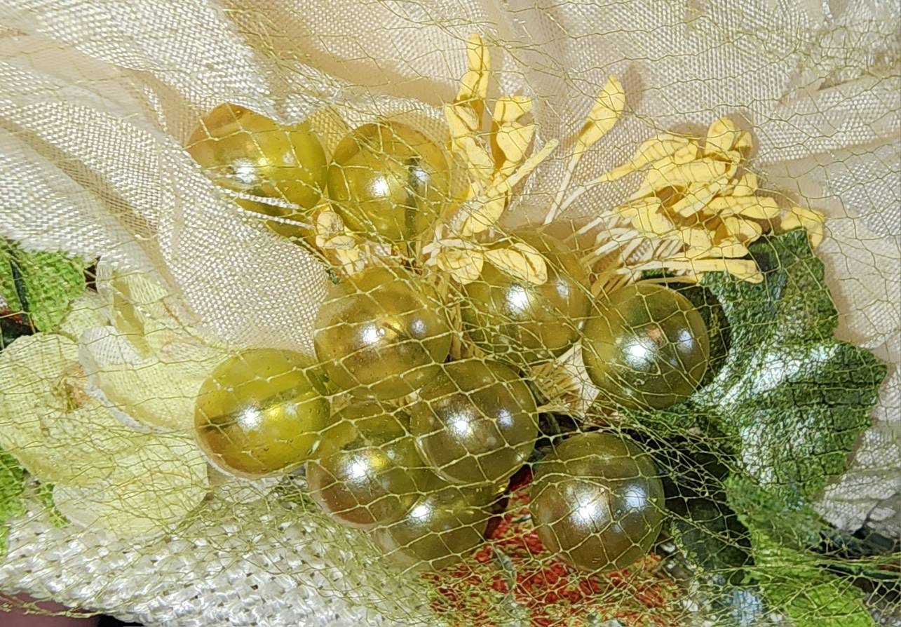 Vintage Floral Hat 1950s 60s Large Round Yellow Green Cream Floral Net Hat Round Bubble Ornaments Mid Century Garden Party 20 in.