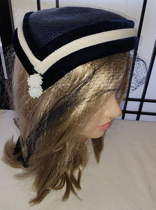 Vintage Asymmetric Hat 1950s Dark Navy Blue White Hat Sequin Ball Ornament Veil Mid Century Rockabilly