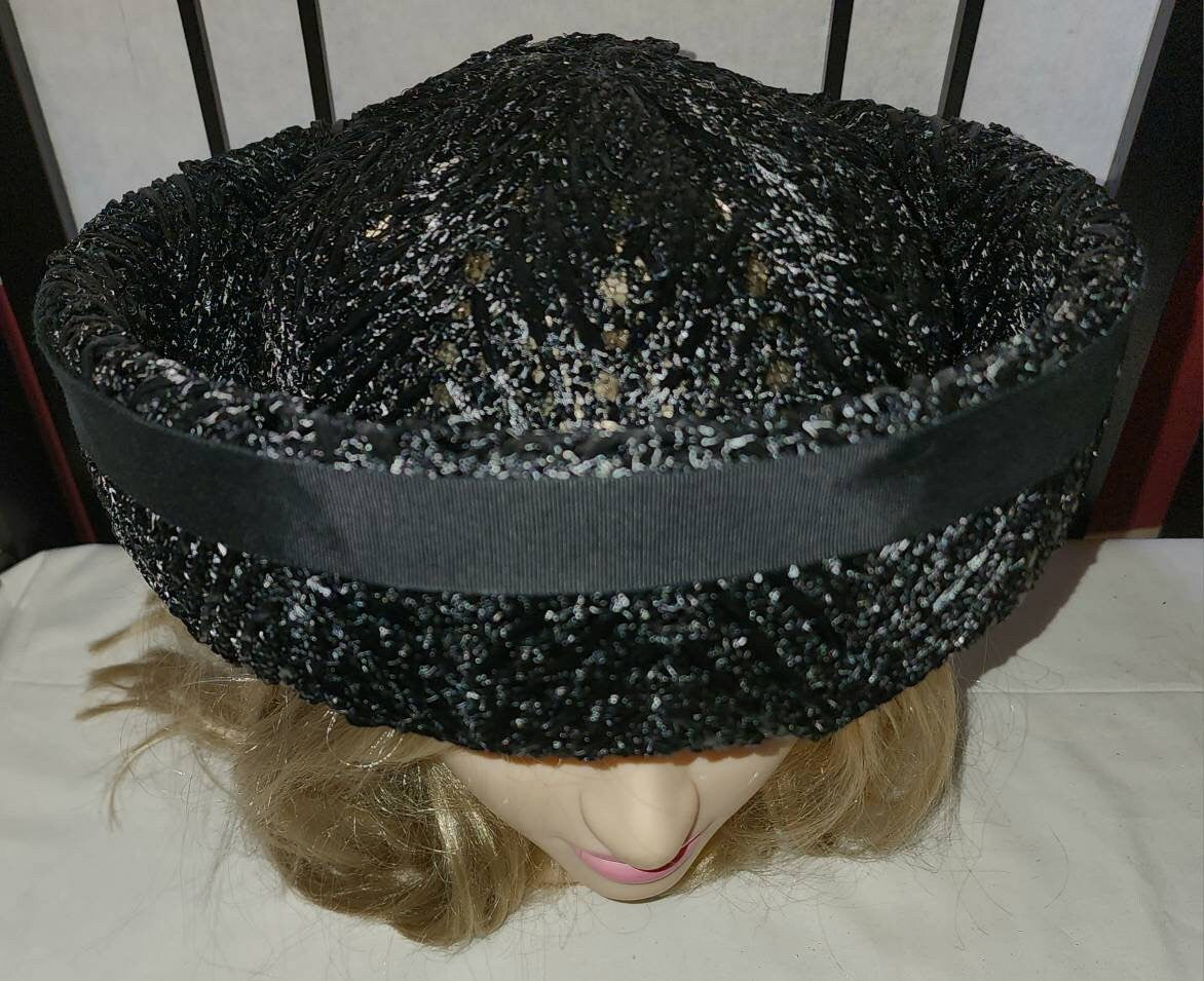 Vintage Straw Hat Huge 1960s Round Black Straw Sailor Style Hat Black Ribbon Bow Sharon Originals Mid Century Summer Hat 21 in.