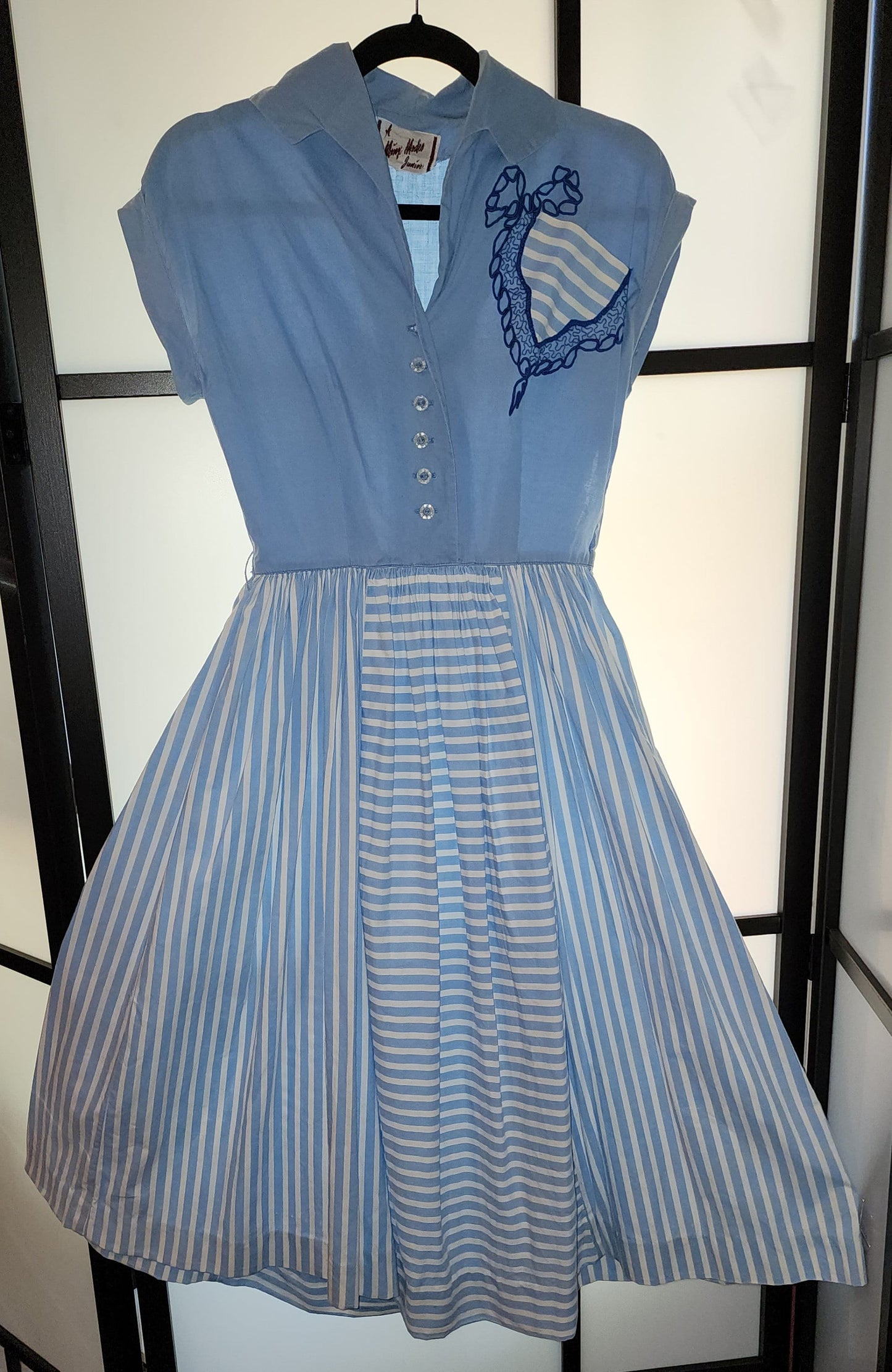 Vintage 1950s Dress Blue White Striped Cotton Day Dress Full Skirt Unique Chest Pocket Minx Modes Mid Century Rockabilly XS S