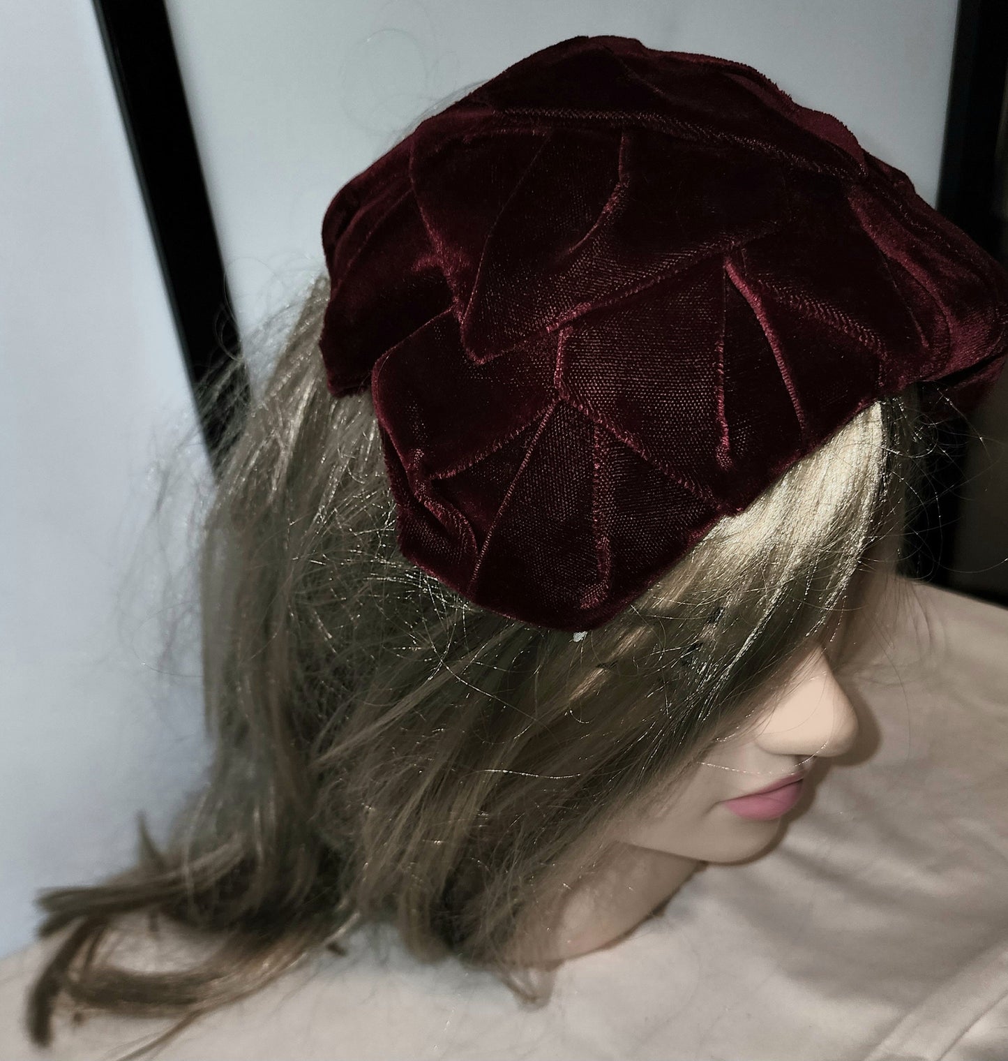 Vintage Half Hat 1950s Dark Red Velvet Ribbon Half Hat Mid Century Rockabilly Christmas