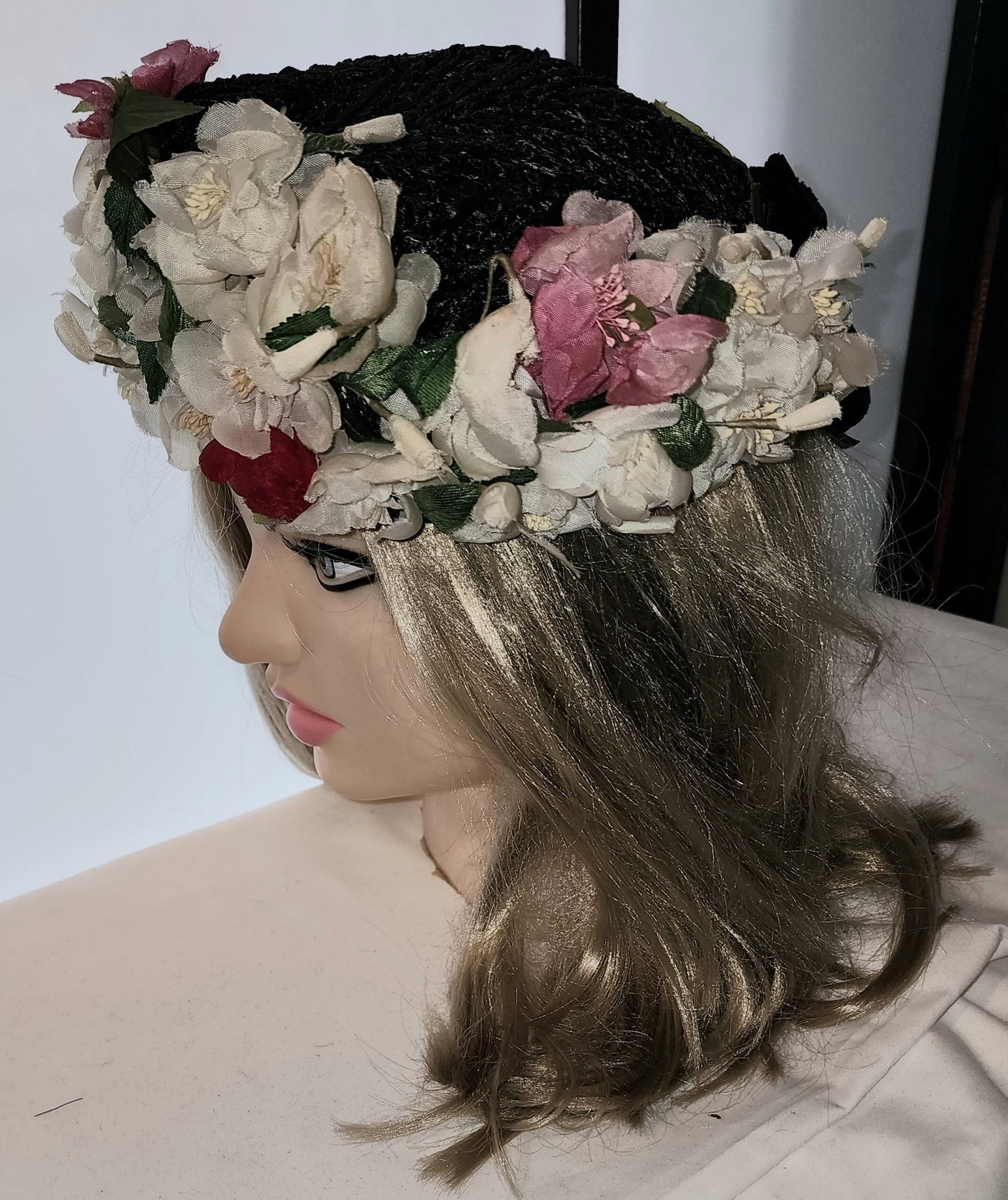 Vintage 1950s Hat Black Straw Floral Hat Pink White Flowers Mid Century Garden Party 22 in.