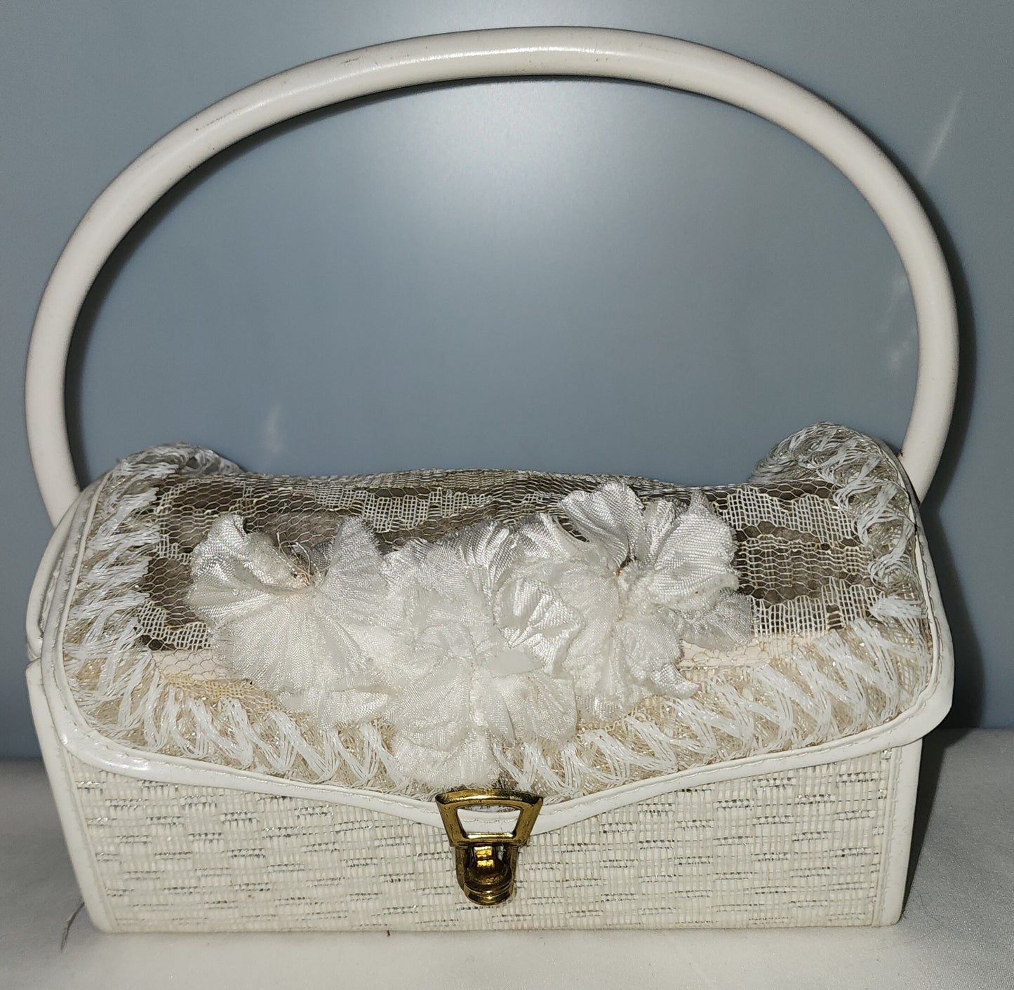 Vintage 1950s Purse Small White Vinyl Lace Floral Box Purse Mid Century Rockabilly Wedding Bridal