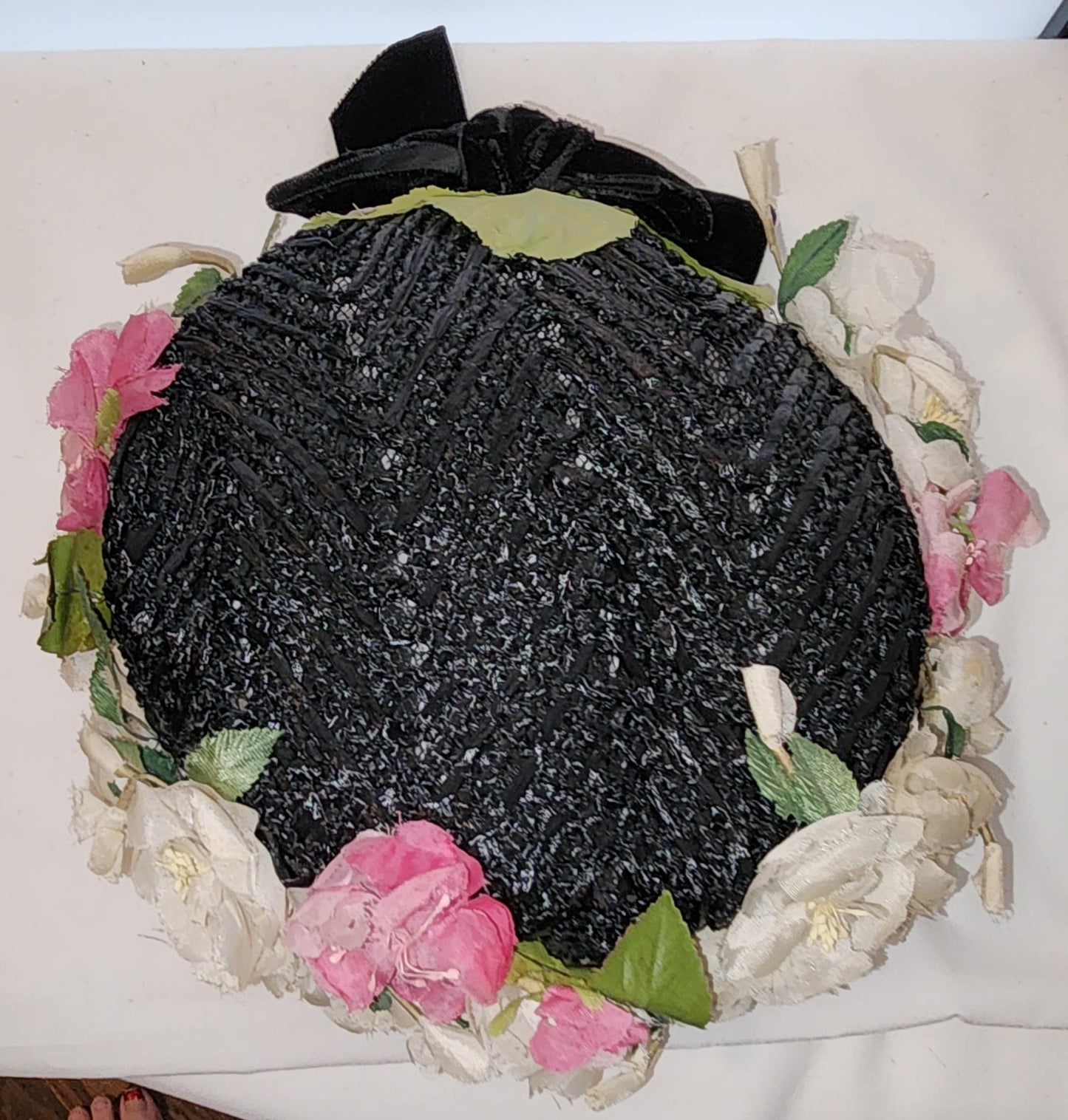 Vintage 1950s Hat Black Straw Floral Hat Pink White Flowers Mid Century Garden Party 22 in.