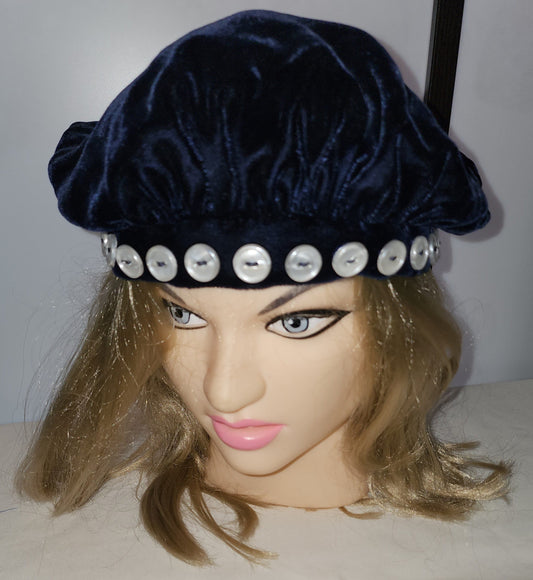 Vintage 1950s Hat Midnight Blue Velvet Beret Pouf Hat Pearlized Button Trim Mid Century Rockabilly 21.5 in.