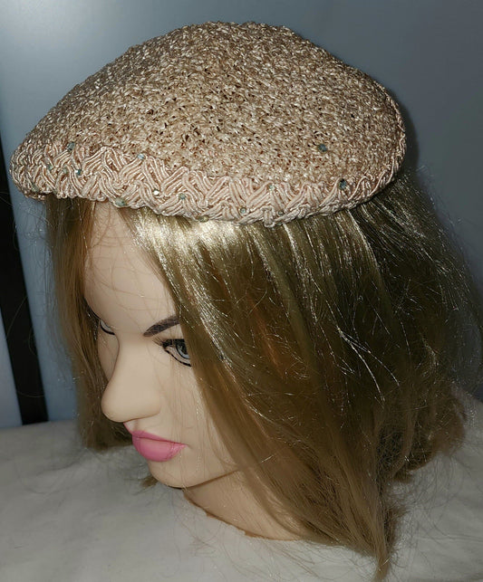 Vintage 1950s Hat Small Round Light Pink Straw Hat Rhinestones Mid Century Rockabilly 20.5 in.  in.