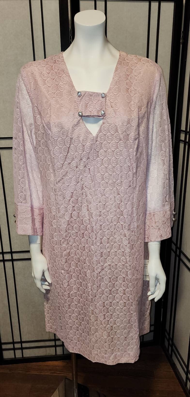 Unworn Vintage Dress 1960s Mauve Pink Lace A Line Dress Rhinestone Ornaments NWT Mod XL