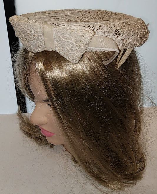 Vintage 1950s Hat Small Round Cream Floral Lace Perch Tilt Hat Large Bow Velvet Ribbon Rockabilly Wedding Bridal 20.5 in. rust on clamps