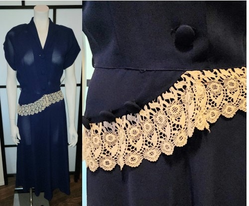 Vintage 1940s Dress Blue Rayon Day Dress Cream Lace Peplum Trim Button Detail Art Deco Mid Century M