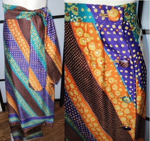 Vintage Long Skirt 1960s 70s Multicolored Patterned Striped Maxi Skirt Side Buttons Long Sash Tori Richard Hawaiian Skirt Boho M