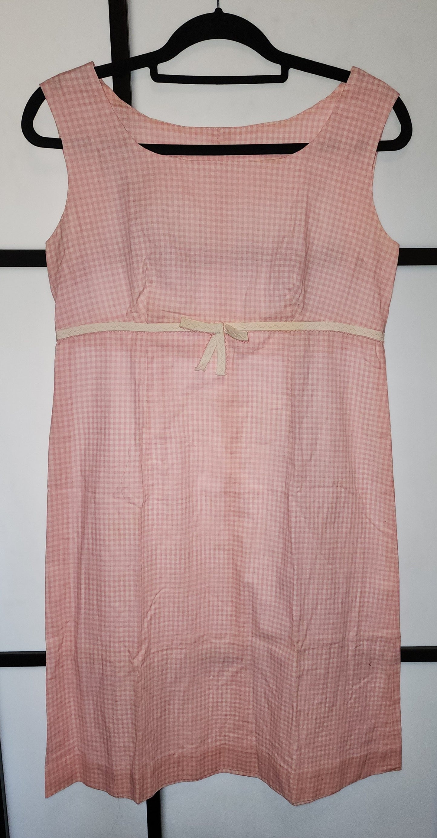 Vintage 1960s Dress Pink White Check Minidress Thin Fabric Summer Mod S M