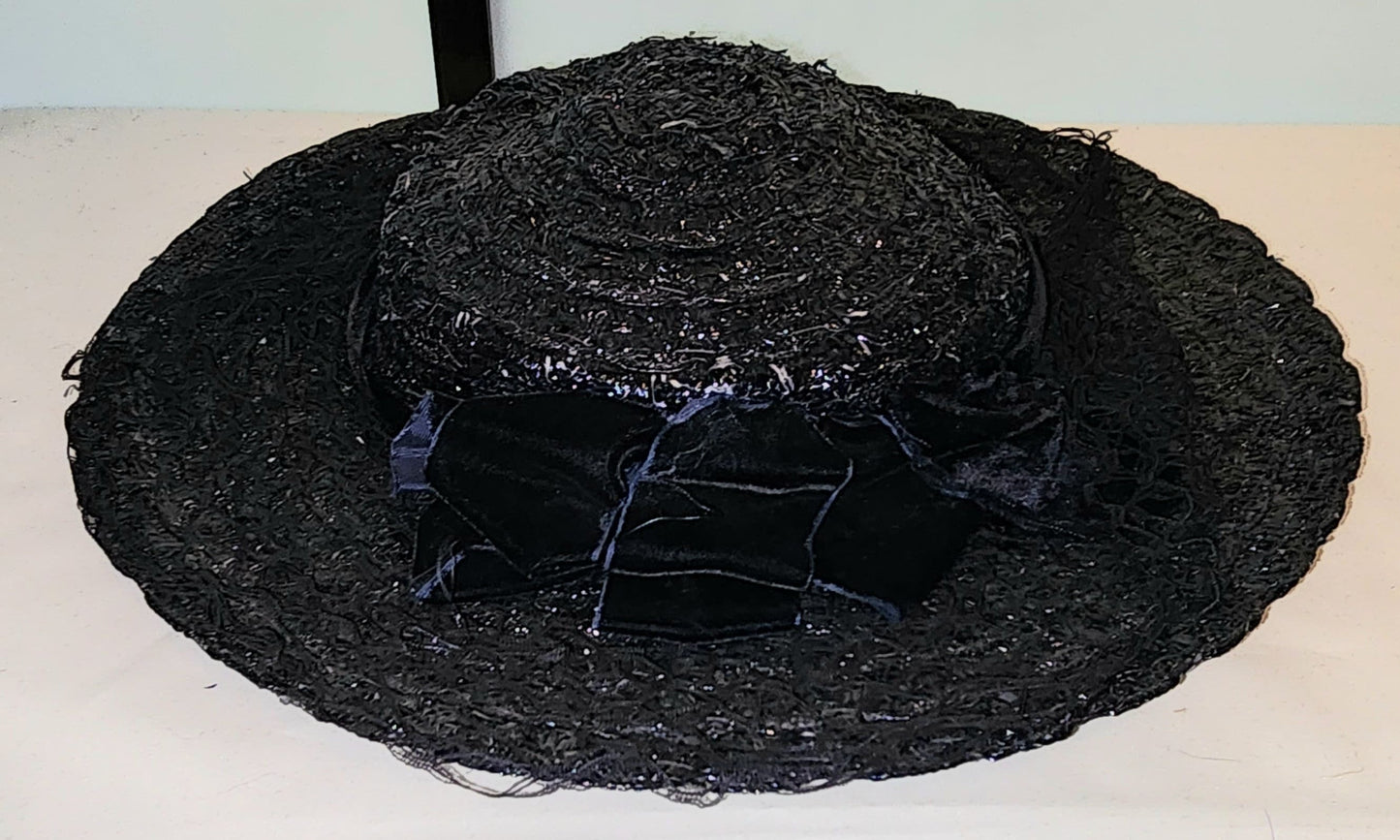 Vintage Pancake Hat 1940s Large Round Dark Blue Straw Cartwheel Pancake Hat Velvet Bow Mid Century Art Deco 20 in.