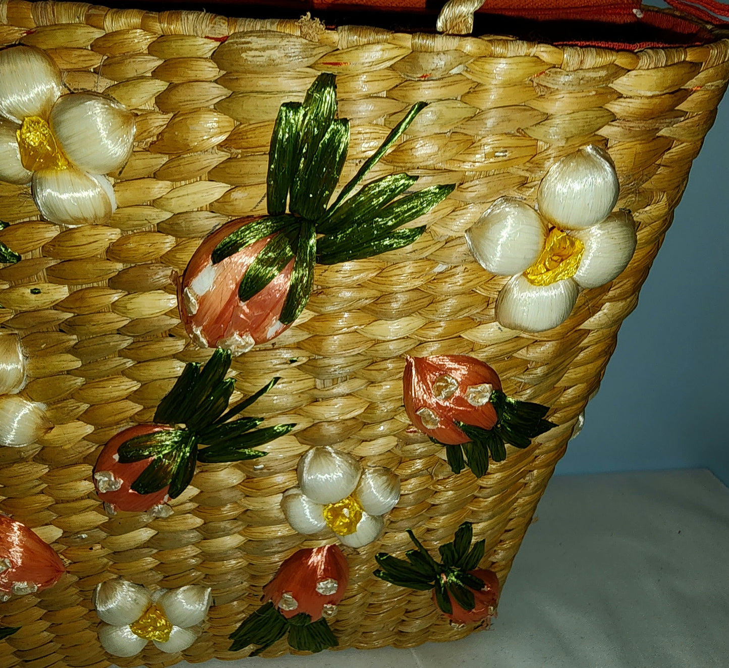 Vintage Straw Purse 1960s Large Straw Handbag Flower Fruit Ornaments Mid Century Rockabilly Summer Purse