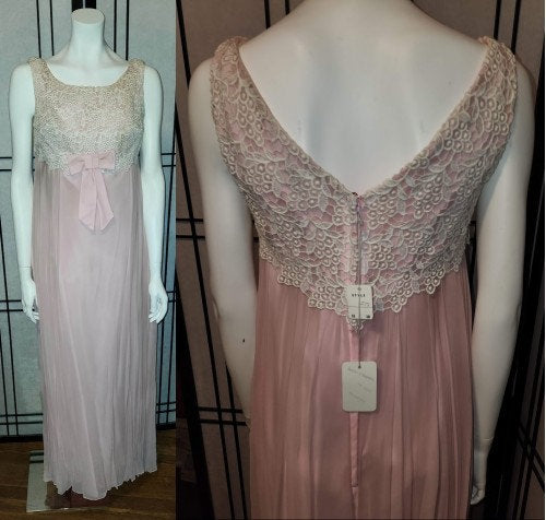 Unworn Vintage Gown 1960s Long Light Pink Chiffon Cream Cutwork Lace Empire Waist Long Dress NWT Princess S M