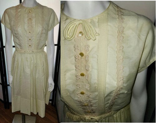 Vintage 1950s Dress Light Yellow Semi Sheer Cotton Blend Day Dress Full Skirt Cute Details Mid Century Rockabilly M