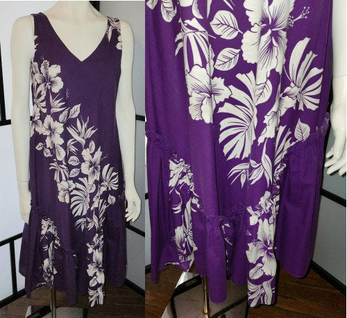 Vintage Hawaiian Dress 1980s Thin Purple Cotton Floral Silkscreen Ruffle Dress Spaghetti Straps Aloha Tropical Boho S M