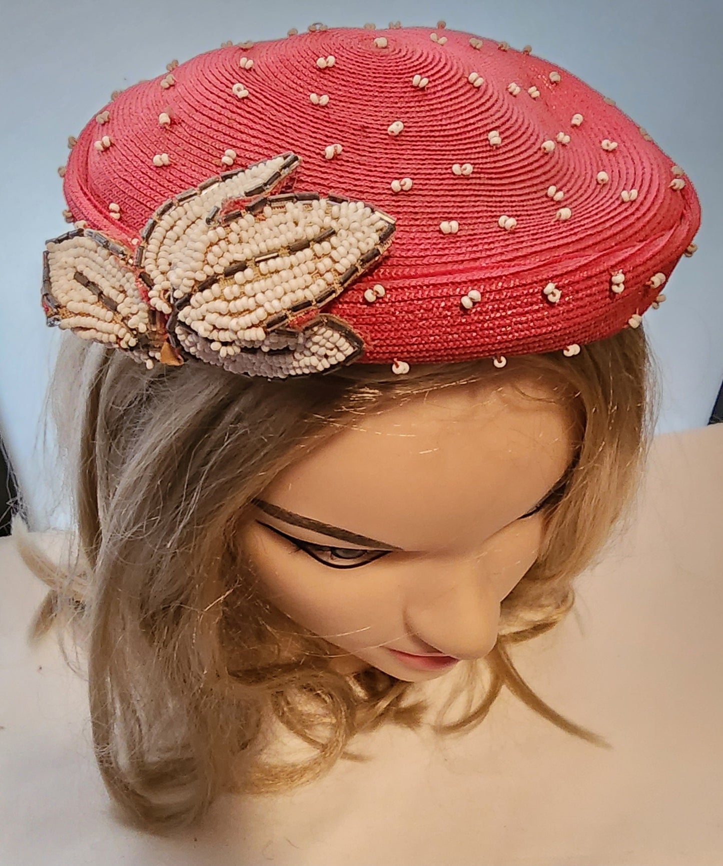 Vintage 1950s Hat Small Round Dark Pink Perch Hat White Glass Seed Bead Leaf Ornament Lecie Mid Century Rockabilly 22 in.