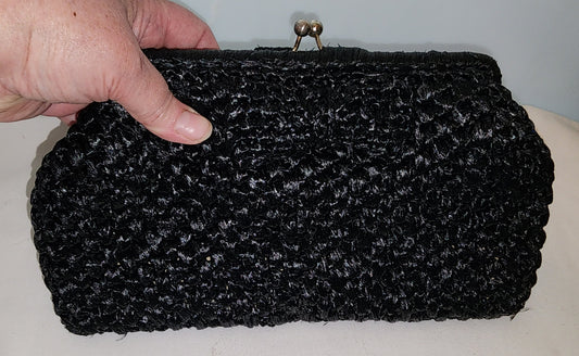 Vintage Clutch Purse 1960s Black Raffia Clutch Purse 3D Bow Ornament Optional Chain Handle Rockabilly Mod