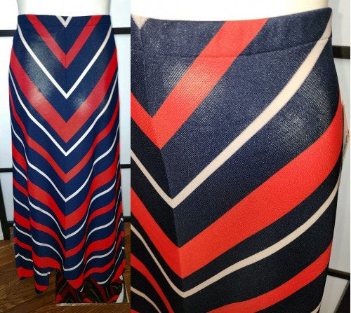 Vintage 1970s Skirt Long Red White Blue Chevron Pattern Polyester Maxi Skirt Patriotic USA Summer Mod M