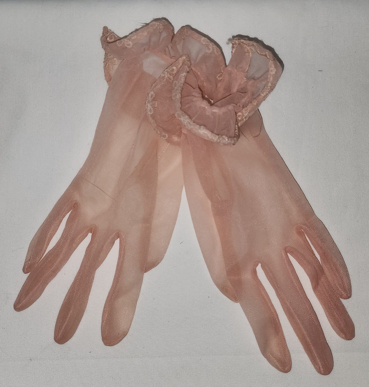 Vintage Pink Gloves 1950s Sheer Pink Nylon Gloves Floral Embroidered Wrist Ruffles Mid Century