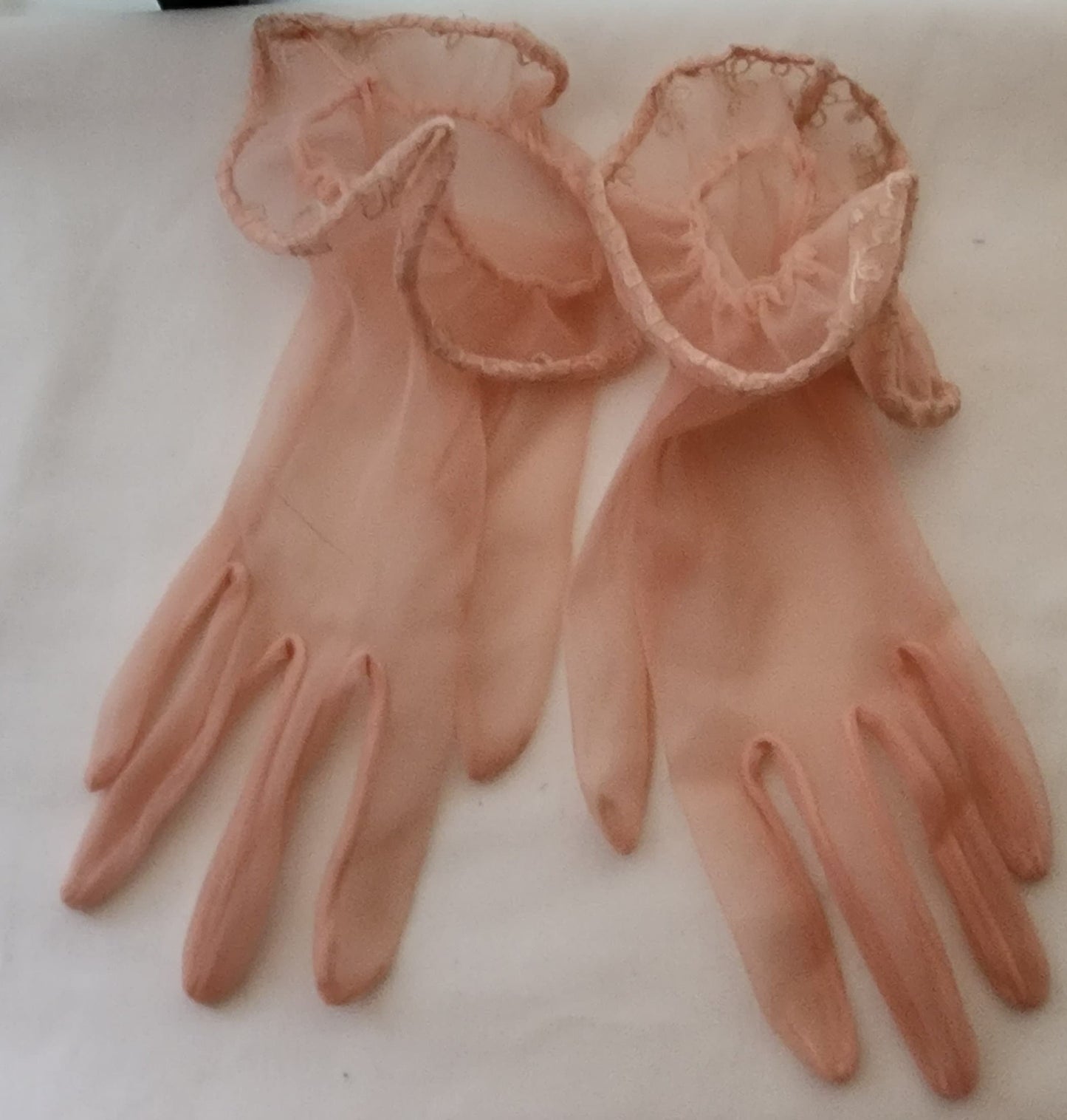 Vintage Pink Gloves 1950s Sheer Pink Nylon Gloves Floral Embroidered Wrist Ruffles Mid Century
