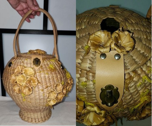 Vintage Straw Bag 1960s Unique Large Round Straw Floral Purse Must See Boho