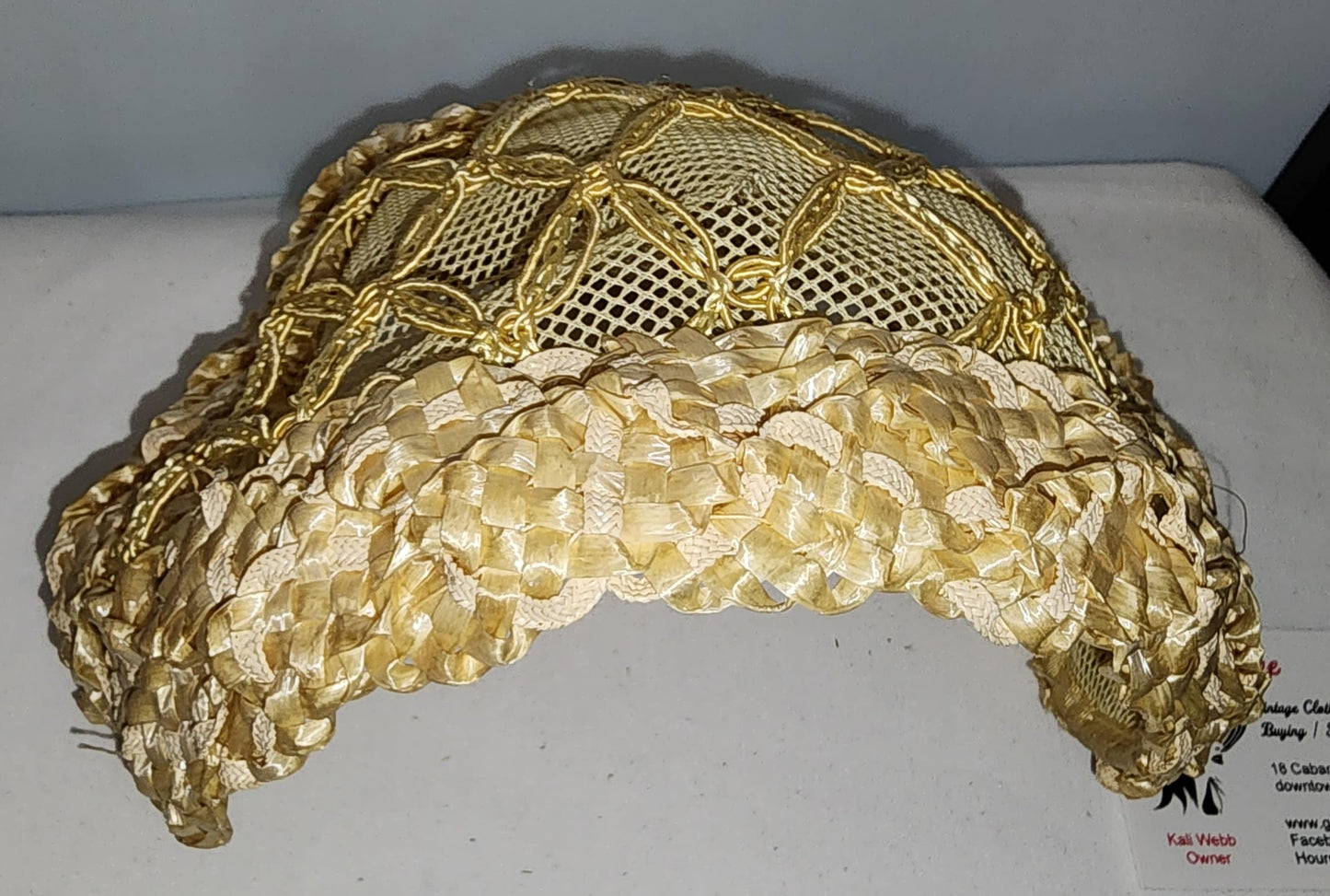Vintage 1950s Hat Small Light Yellow Woven Raffia Net Half Hat Rockabilly Mid Century