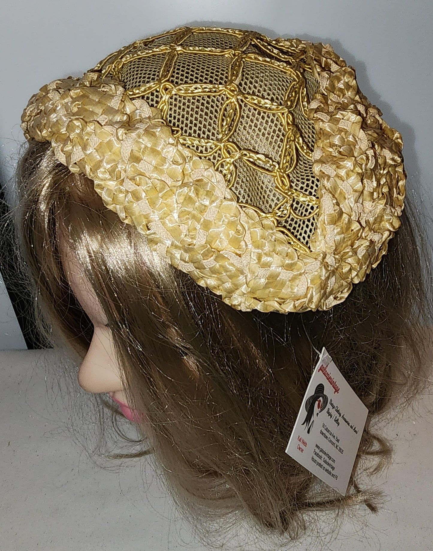 Vintage 1950s Hat Small Light Yellow Woven Raffia Net Half Hat Rockabilly Mid Century