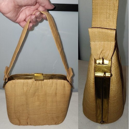 Vintage Box Purse 1940s 50s Beige Linen Fabric Covered Tall Box Purse Metal Frame Bag Rockabilly