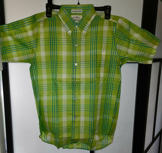 Unworn Vintage Men's Shirt 1960s Green Blue Plaid Short Sleeve Button Down Shirt Cotton Blend Mid Century Rockabilly NIP S