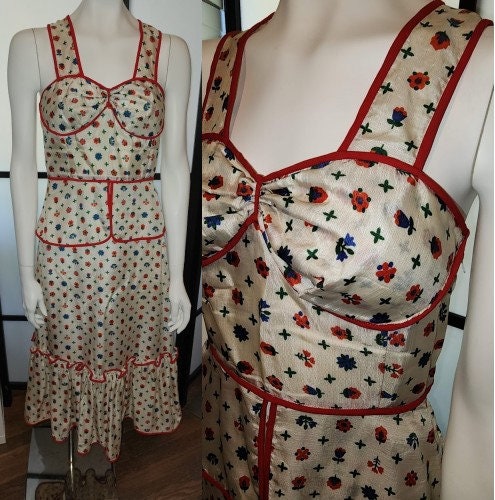 Vintage Halter Top and Skirt Set 1930s 40s 50s Beige Pattern Silk Peplum Halter Top and Ruffle Skirt 1930s Style German Art Deco Boho S