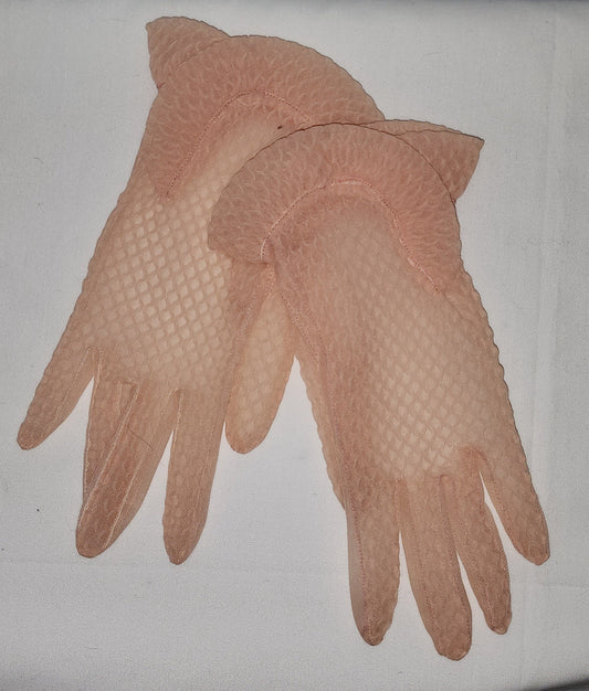 Vintage Pink Gloves 1950s Sheer Pink Waffle Texture Nylon Gloves Wrist Ruffle Mid Century Rockabilly