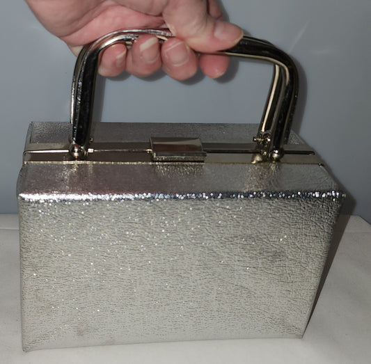 Vintage Box Purse 1960s Metallic Silver Foil Box Purse Mid Century Rockabilly Space Age Mod