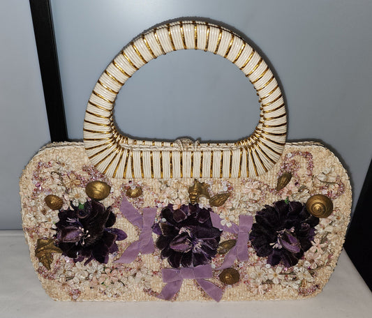 Vintage 1950s Purse White Gold Purple Velvet Floral Shells Flowers Floral Straw Purse Japan Must See Mid Century Rockabilly