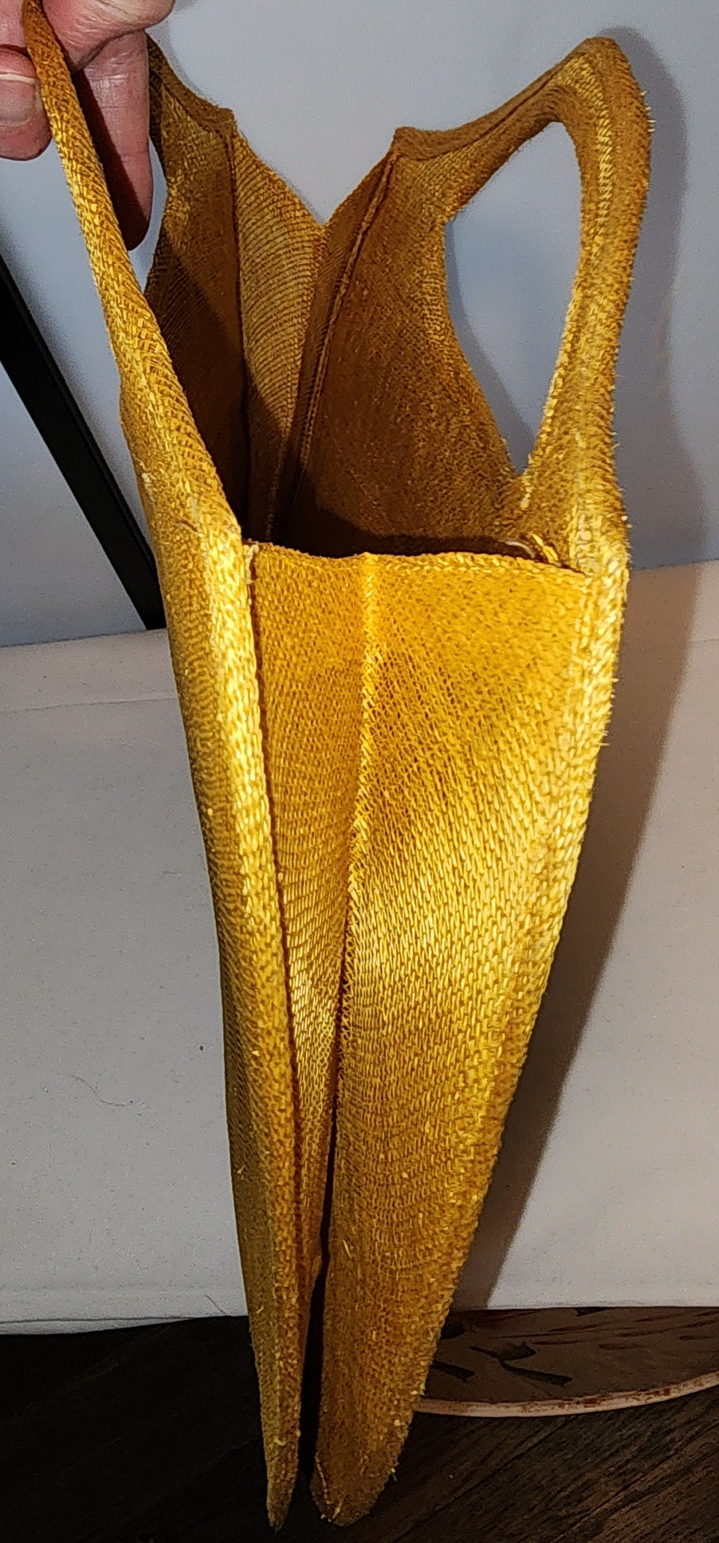 Vintage Yellow Tote 1980s 90s Round Bright Yellow Stiff Linen Burlap Bag Purse New Wave Boho