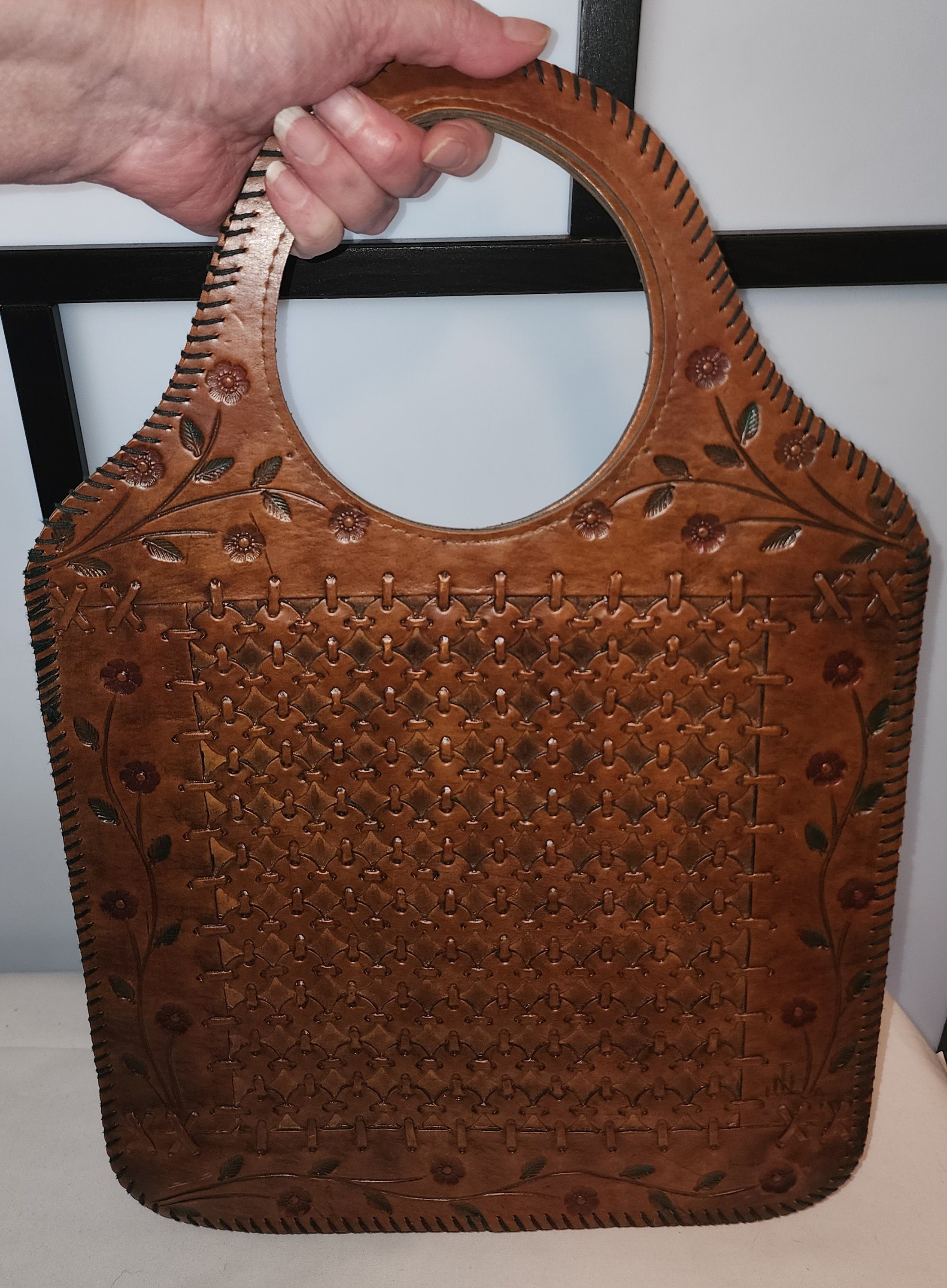 Vintage Vinyl Tote 1970s Brown Vinyl Faux Leather Floral Stamped Woven Tote  Bag Purse Hippie Boho