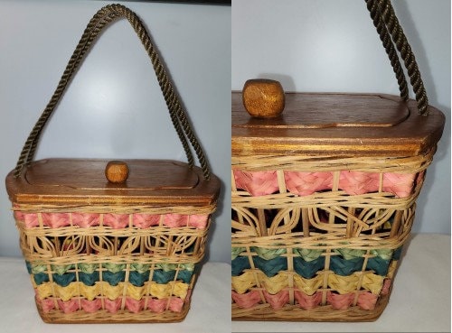 Vintage Basket Purse 1950s Colorful Woven Straw Rattan Basket Purse Wood Lid Mid Century Rockabilly