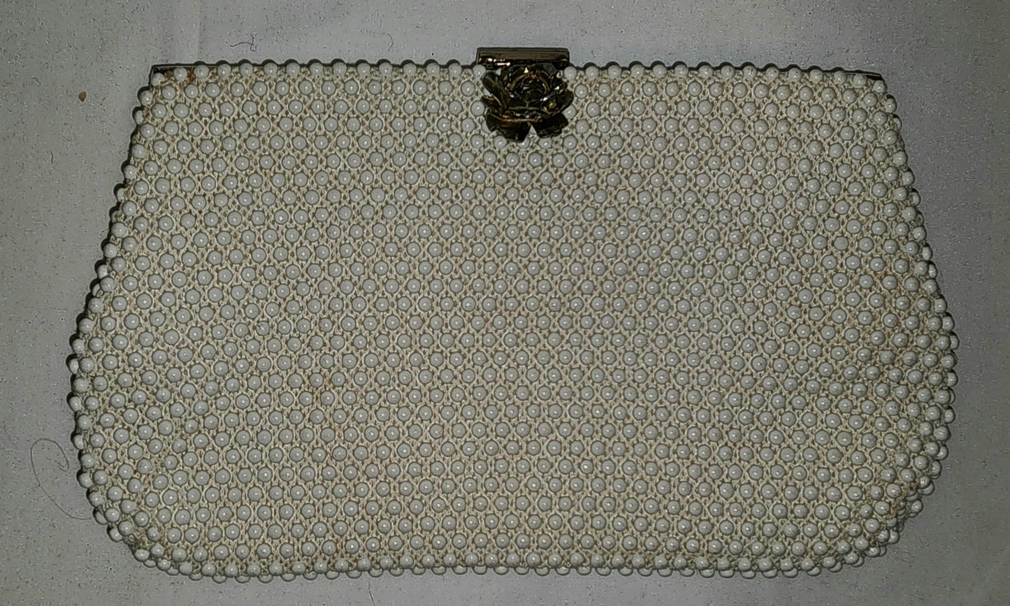 Vintage Beaded Clutch 1960s White Plastic Bead Clutch Chain Handle Metal Rose Clasp Mid Century Mod Boho