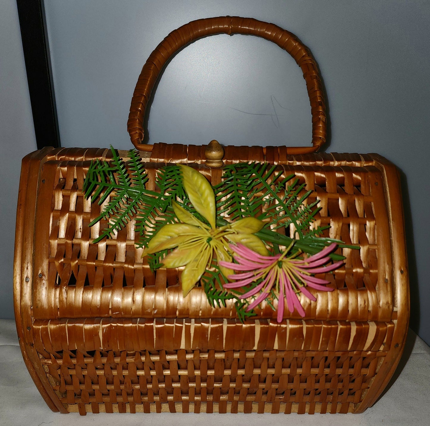 Vintage Basket Purse 1950s Wood Straw Rattan Wicker Basket Box Purse Plastic Flowers Mid Century Rockabilly some damage