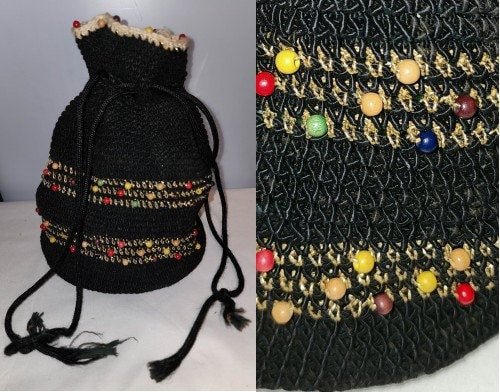 Vintage 1950s Purse Black Woven Bucket Purse Colored Beads Beaded Bucket Bag Drawstring Purse Mid Century Boho