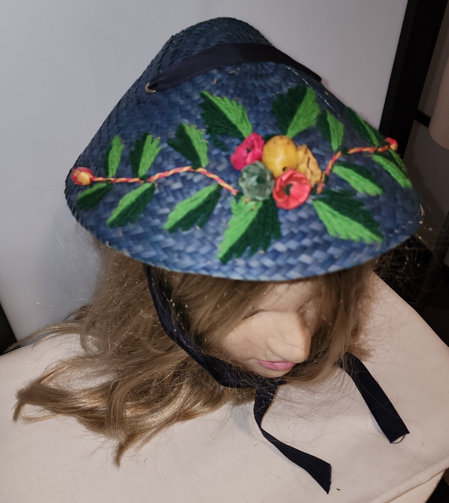 Vintage 1950s Hat Small Blue Straw Cone Shape Asian Inspired Hat 3D Raffia Yarn Floral Embroidery Mid Century Rockabilly 22.5 in.