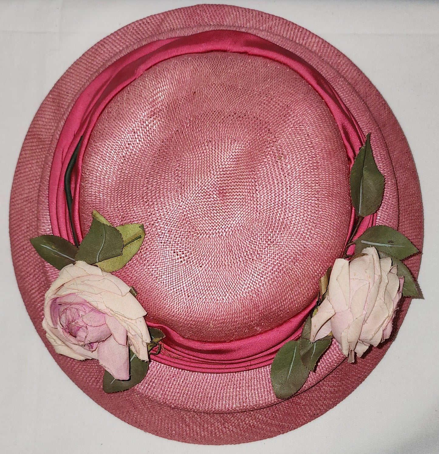 Vintage Pink Hat Round 1950s Pink Straw Perch Tilt Pancake Hat Pink Roses Mid Century