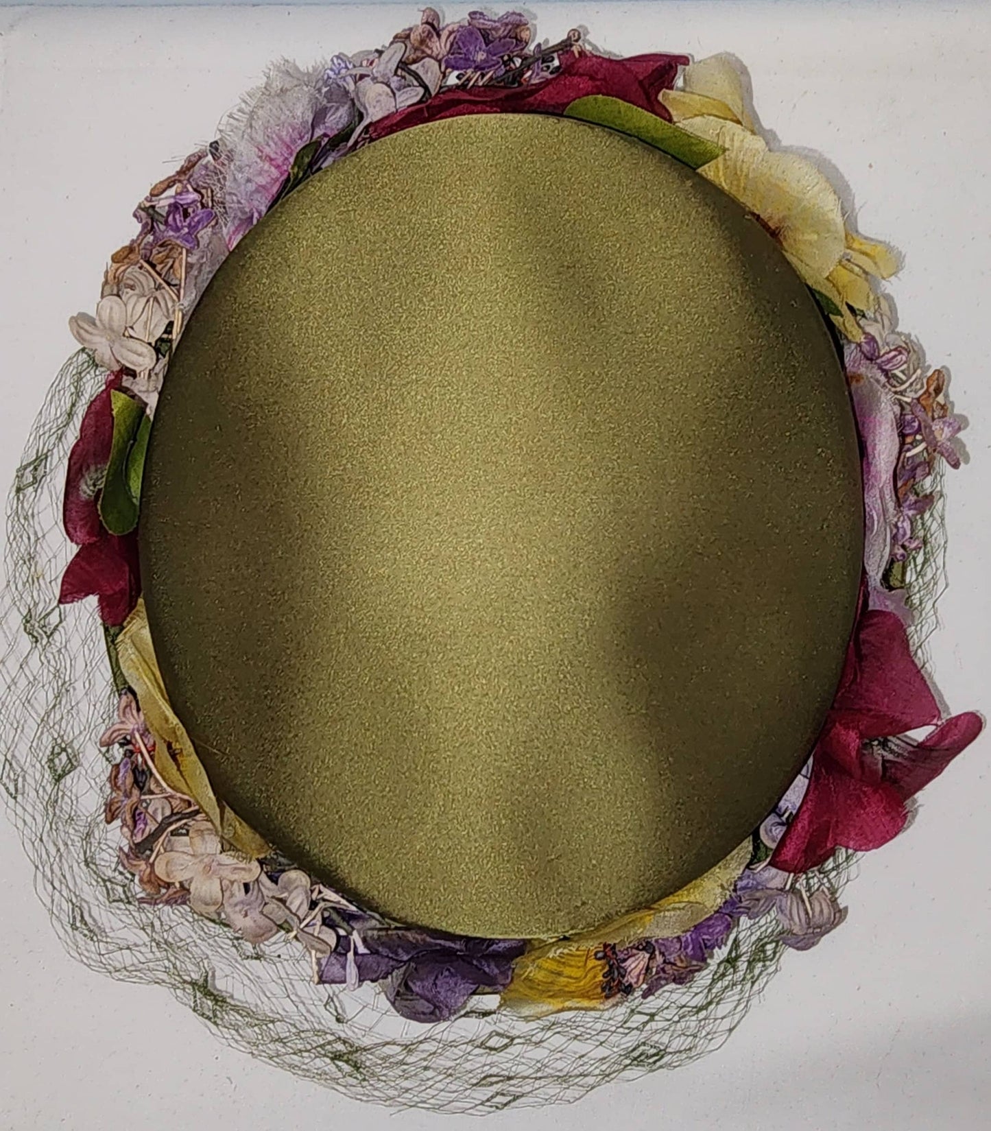 Vintage Floral Hat 1950s Round Chartreuse Olive Green Satin Hat Purple Yellow Magenta Faux Flower Trim Vincent de Koven Mid Century 21 in.